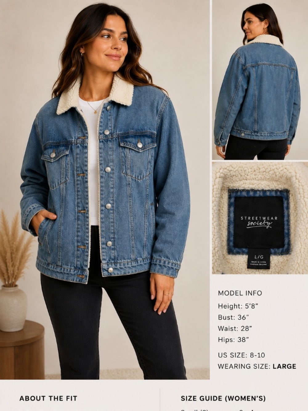 Streetwear Society Women’s Sherpa-Lined Denim Trucker Jacket